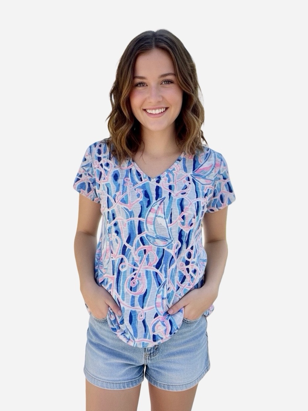 Lilly Pulitzer XXL Tee T Shirt Tunic Top Jersey Cotton Blue Pink Ocean Sea Print